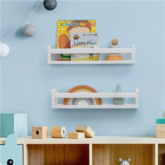 Nursery Book Shelves - Wood Floating Bookshelf for Kids -Set of 2 - White - 16" - Picture 2 of 6